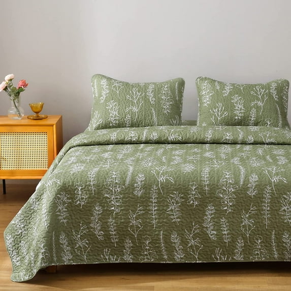 Sage Green Plants Printed Quilt Set, Floral Bedspread King Size Lightweight Botanical Flower Coverlet Ultra-Soft All Season Bedding with 2 Pillow Shams