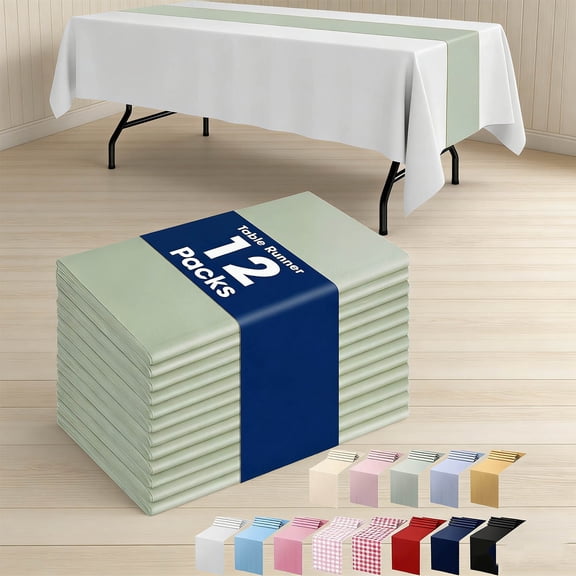 Sage Green Plastic Table Runners - 12 Pack, Water Resistant & Disposable Centerpiece Decorations for Table Cloth, Wedding, Birthday, Holiday, Party, Home Decor