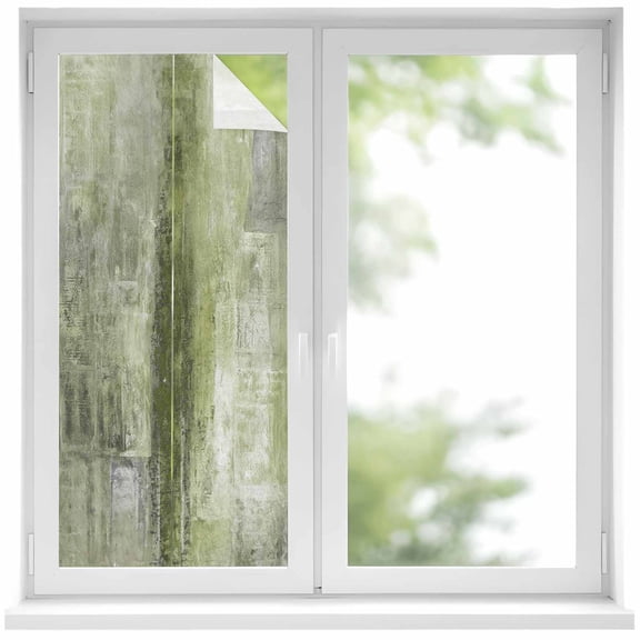 Sage Green Privacy Window Film,Decorative Frosted Glass Window Film,Retro Oil Painting Modern Abstract Art Aesthetics Reusable Peel Stick Static Cling for Home Bathroom Office Glass Door 17.7"x39.3"