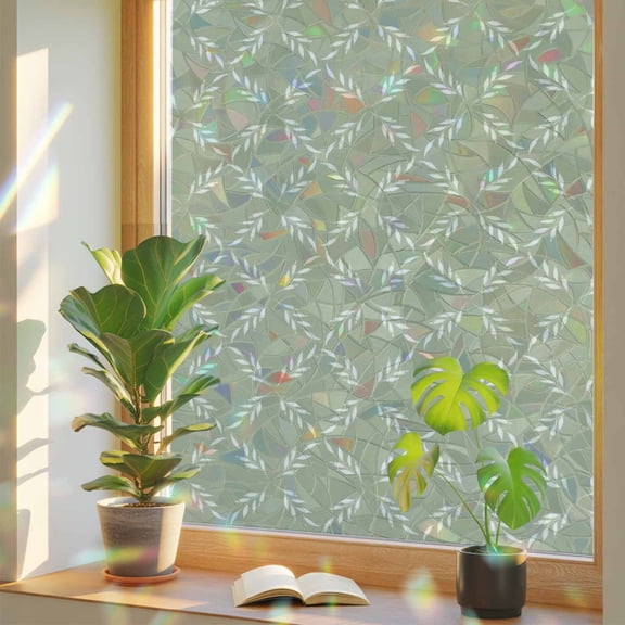 Sage Green Privacy Window Film, Decorative Stained Glass Window Film, Geometric Flower Leaf Diamond Plaid Retro Resuable Rainbow Static Cling for Home Bathroom Living Room Glass Door 17.7"x39.3"