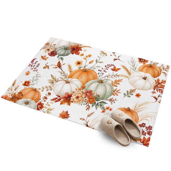 Sage Green Pumpkin 2'x3' Small Rugs for Entryway Front Door Kitchen Sink Area, Fall Red Floral Orange White Pumpkin Rustic Soft Sturdy Mats Washable Non Slip Rectangle Area Rug