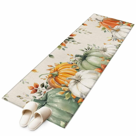 Sage Green Pumpkin 2'x6' Runner Rug, Orange Eucalyptus Leaves Thanksgiving Washable Non-Slip Area Rugs for Hallway Kitchen Floor Bedroom Entryway, Laundry Carpet Decoration Indoor Mat