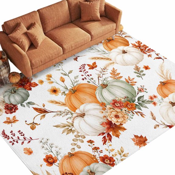 Sage Green Pumpkin 9'x12' Large Area Rugs Fall Red Floral Orange White Pumpkin Rustic Washable Area Rugs Non-Slip Indoor Floor Mats for Villa Parlour, Hotel Lounge, Recreation Room