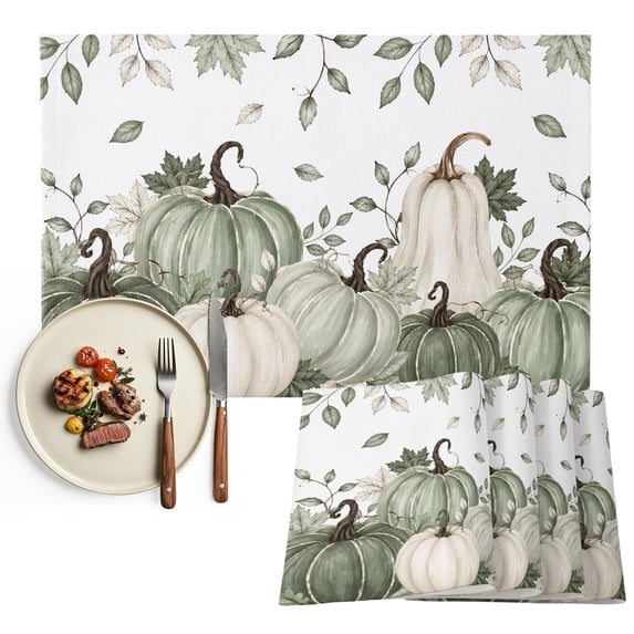 Sage Green Pumpkin Fall Placemats Set of 2, Thanksgiving Maple Leaf Botanical Washable Wipeable Table Mats for Dining Tables, Indoor Outdoor Kitchen Place Mats for Holiday Party Table Decor