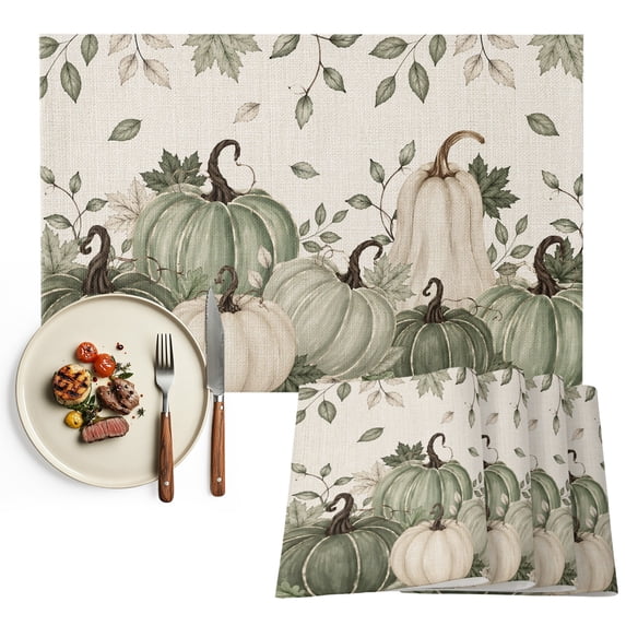 Sage Green Pumpkin Fall Placemats Set of 4, Thanksgiving Rustic Botanical Washable Wipeable Table Mats for Dining Tables, Indoor Outdoor Kitchen Place Mats for Holiday Party Table Decor