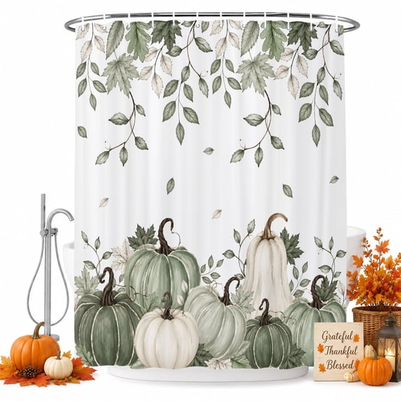 Sage Green Pumpkin Fall Shower Curtain, Waterproof Shower Curtains for Bathroom, Thanksgiving Maple Leaf Botanical Washable Fabric Bathtub Curtain Set Bath Decor with 12 Hooks Long 72"x84"