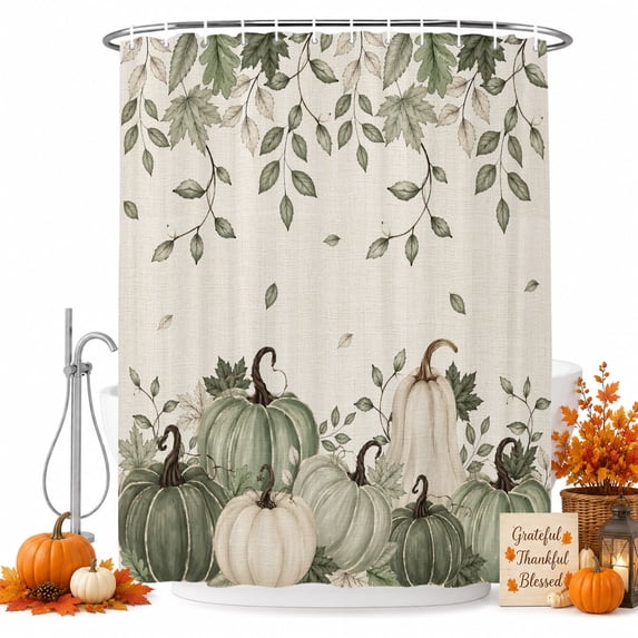 Sage Green Pumpkin Fall Shower Curtain, Waterproof Shower Curtains for Bathroom, Thanksgiving Rustic Botanical Washable Fabric Bathtub Curtain Set Bath Decor with 12 Hooks Stall 36"x72"