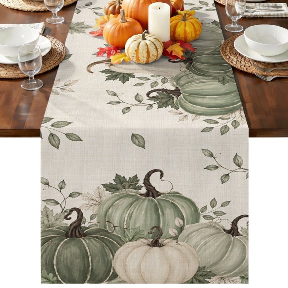 Sage Green Pumpkin Fall Table Runner 120 Inches Long, Thanksgiving Rustic Botanical Table Runners Dresser Scarf, Kitchen Dining Tables Decoration for Holiday Party Wedding Home Decor, 13"x120"