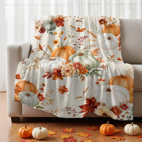 Sage Green Pumpkin Fleece Blanket, Fall Red Floral Orange Pumpkin Linen Texture Ultra Soft Warm Throw Blanket Lightweight Plush Bed Blanket, Home Decor Throws for Couch Bed Sofa, 30x40 inches