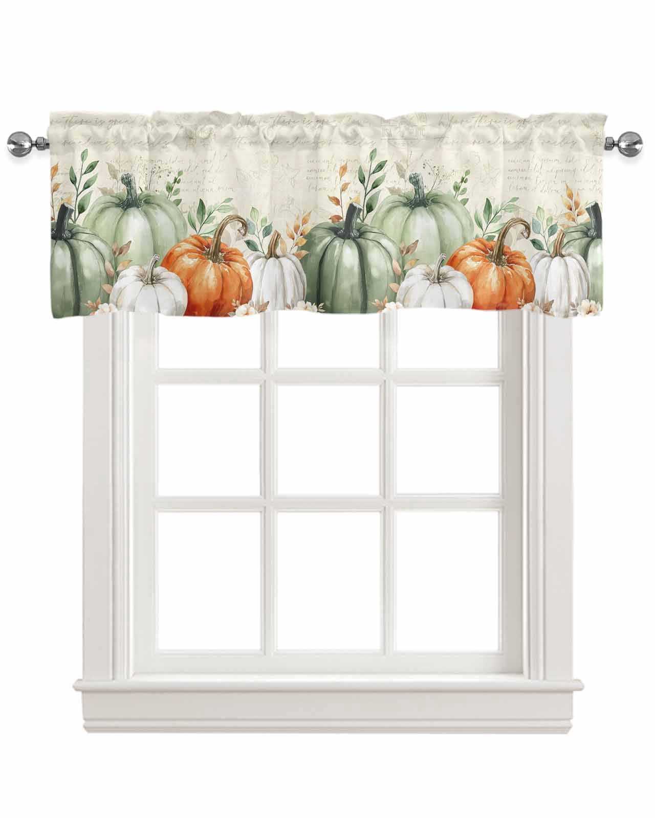 Sage Green Pumpkin Kitchen Valances for Windows Farmhouse Linen Window Valance Curtain for Living Room Window Treatment Thanksgiving Autumn Eucalyptus Valance Rod Pocket Topper Drape, 60 x 18 Inch