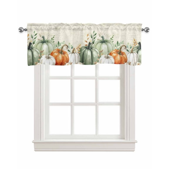 Sage Green Pumpkin Kitchen Valances for Windows Farmhouse Linen Window Valance Curtain for Living Room Window Treatment Thanksgiving Autumn Eucalyptus Valance Rod Pocket Topper Drape, 54 x 18 Inch