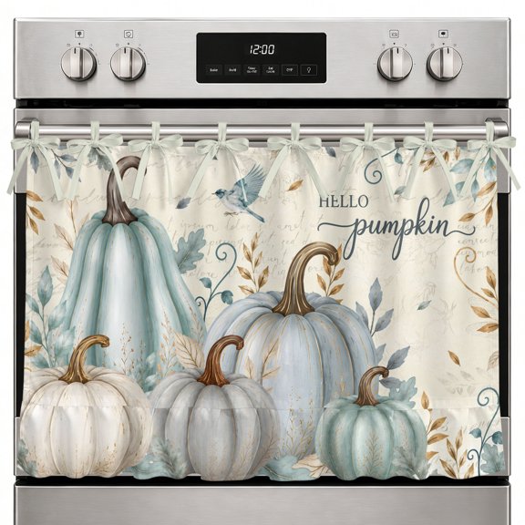 Sage Green Pumpkin Oven Curtain with Tie Top, Thanksgiving Cream Pumpkins Leaf Beige Retro Oven Skirt Curtains with Tie Top Cabinet Cover Curtain for Small Kitchen Apartment Decor 30 x 21.5 Inches