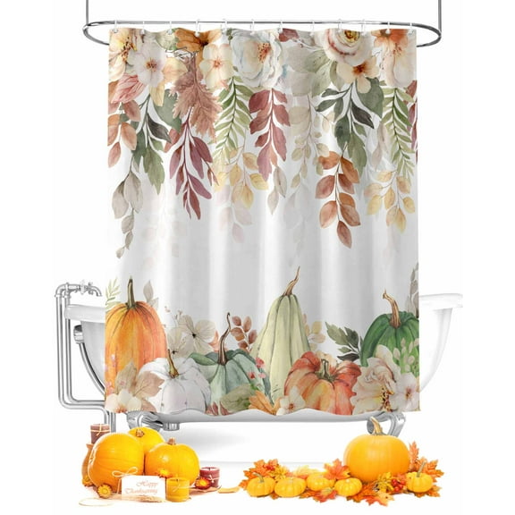 Sage Green Pumpkin Shower Curtain,Thanksgiving White Orange Flower Leaf Waterproof Washable Shower Curtains Set for Bathroom Bathtubs Decor with Hook,72"Wx72"L