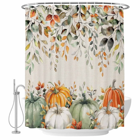 Sage Green Pumpkin Shower Curtain, Waterproof Shower Curtains for Bathroom, Orange Eucalyptus Leaves Thanksgiving Washable Fabric Bathtub Curtain Set Bath Decor with 12 Hooks 72"x78"