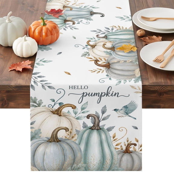 Sage Green Pumpkin Table Runner, Thanksgiving Cream White Pumpkins Gold Leaf Washable Cotton-linen Table Runners Dining Kitchen Decoration for Everyday Home Wedding Party Decor, 13 x 36 Inch