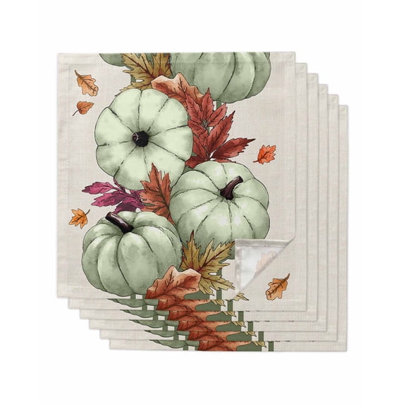 Sage Green Pumpkins Fall Cloth Napkins Set of 6 Reusable Dinner Napkins, Thanksgiving Botanical Beige Cocktail Napkin Washable Table Napkins for Wedding/Holiday Party/Baby Shower 20"x20"