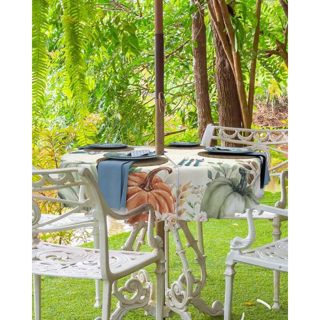 Sage Green Pumpkins Fall Outdoor Tablecloth 60x102 Inch Rectangle