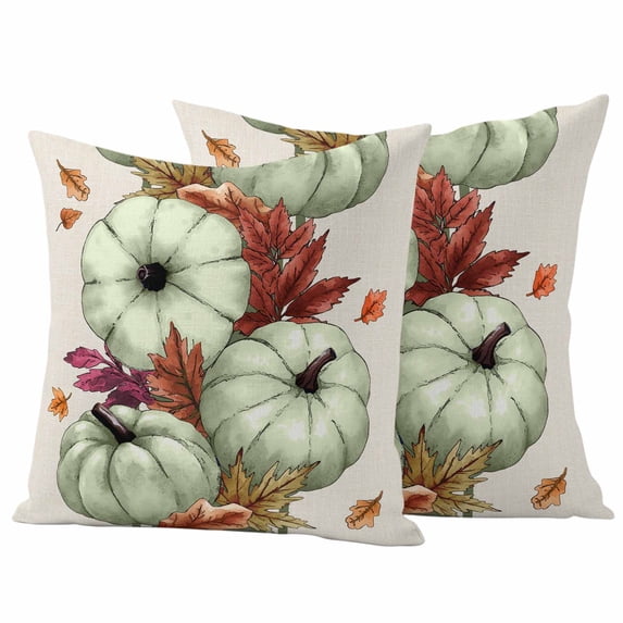 Sage Green Pumpkins Fall Outdoor Waterproof Pillow Covers, Thanksgiving Botanical Beige Decorative Square Throw Pillowcase Sofa Cushion Sham for Patio/Couch/Chair, 26"x26" 2 Pack