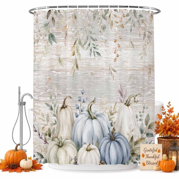 Sage Green Pumpkins Fall Shower Curtain, Waterproof Shower Curtains for Bathroom, Thanksgiving Botanical Wooden Leaves Washable Fabric Bathtub Curtain Set Bath Decor with 12 Hooks Extra Long 72"x96"