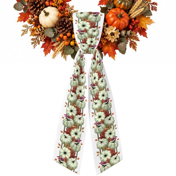 Sage Green Pumpkins Fall Wreath Sash for Front Door, Thanksgiving Botanical Leaves Autumn Wreath Bow Holiday Garland Ribbon Wreath Accessories for Yard Porch Doorway Fall Christmas Decorations Gifts