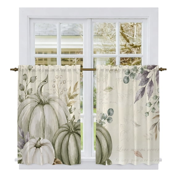 Sage Green Pumpkins Kitchen Curtains 45 Inch Length, Fall Thanksgiving Rustic Beige Tiers Curtains for Bathroom Bedroom Cafe, Light Filtering Small Window Treatment Short Drapes 2 Panels 42"Wx45"L