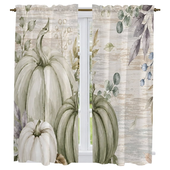 Sage Green Pumpkins Kitchen Curtains 63 Inch Length, Fall Thanksgiving Beige Vintage Tiers Curtains for Living Room Berdoom Bathroom, Light Filtering Drapes Window Treatment 2 Panels 42"Wx63"L