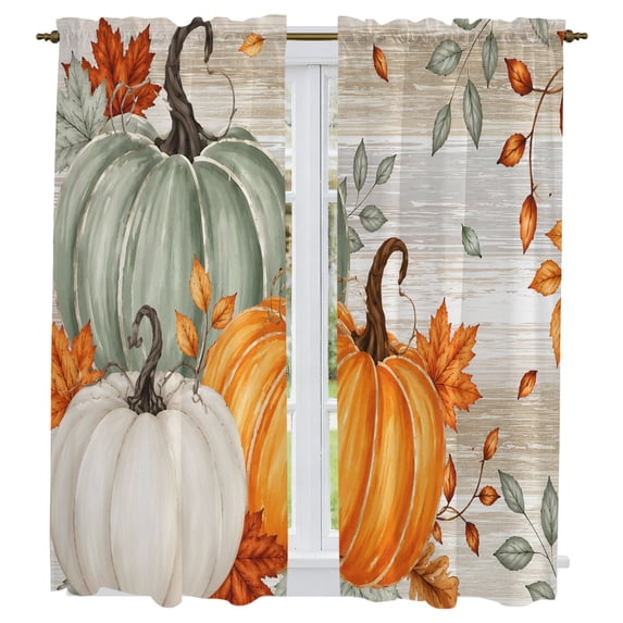 Sage Green Pumpkins Kitchen Curtains 63 Inch Length, Thanksgiving Fall Brown Wood Tiers Curtains for Living Room Berdoom Bathroom, Light Filtering Drapes Window Treatment 2 Panels 42"Wx63"L