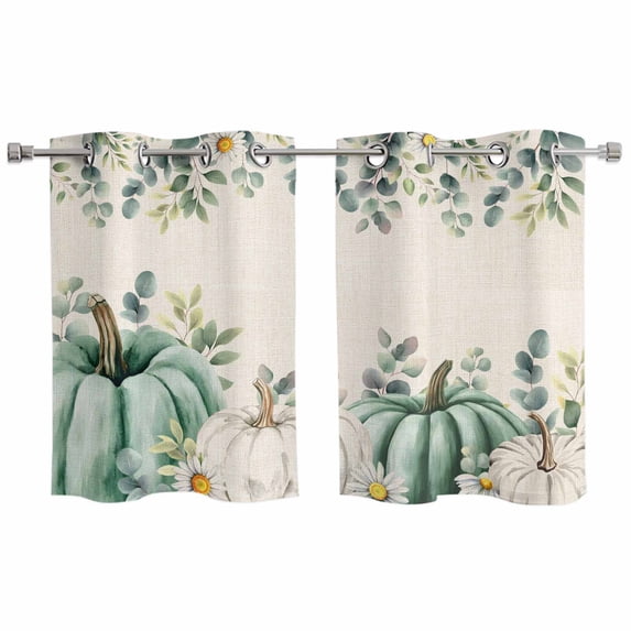 Sage Green Pumpkins Kitchen Curtains Window Panels, Eucalyptus Leaves Watercolor Botanical Insulated Window Treatment Curtain, Grommet Curtains for Bedroom/Living Room/Bathroom, 2 Piece 27.5"Wx39"L