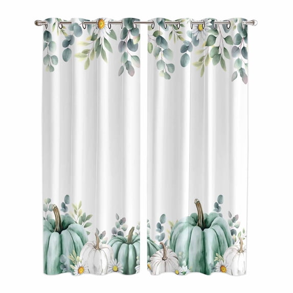 Sage Green Pumpkins Kitchen Curtains Window Panels, Eucalyptus Leaves Watercolor Insulated Window Treatment Curtain, Grommet Curtains for Bedroom/Living Room/Bathroom, 2 Piece 42"Wx84"L