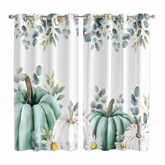 Sage Green Pumpkins Kitchen Curtains Window Panels, Eucalyptus Leaves Watercolor Insulated Window Treatment Curtain, Grommet Curtains for Bedroom/Living Room/Bathroom, 2 Piece 42"Wx63"L