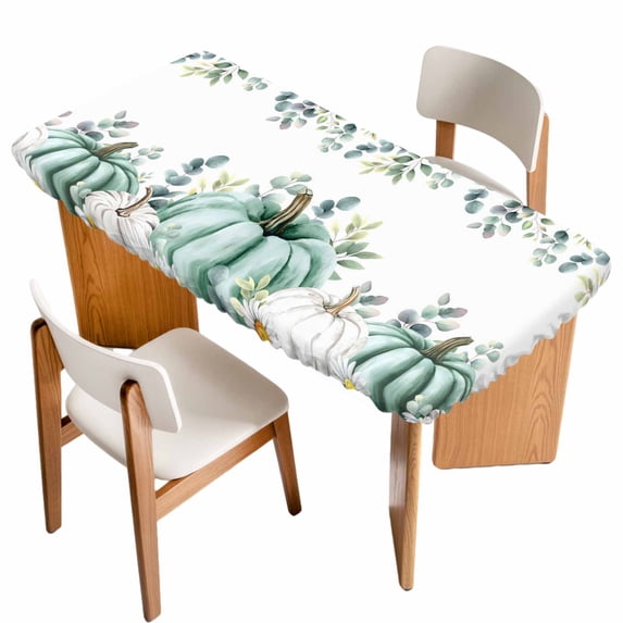 Sage Green Pumpkins Table Cloths for 5 Foot Rectangle Tables, Eucalyptus Leaves Watercolor Patio Waterproof Elastic Fitted Tablecloths, Washable Rectangular Table Cover for Camping