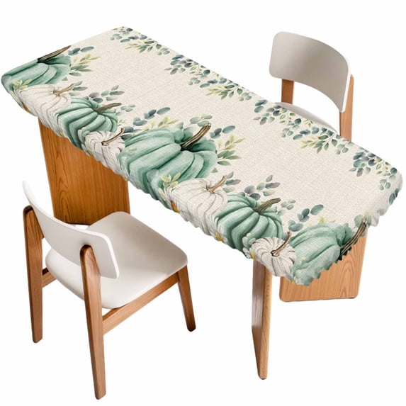 Sage Green Pumpkins Table Cloths for 8 Foot Rectangle Tables, Eucalyptus Leaves Watercolor Botanical Patio Waterproof Elastic Fitted Tablecloths, Washable Rectangular Table Cover for Camping