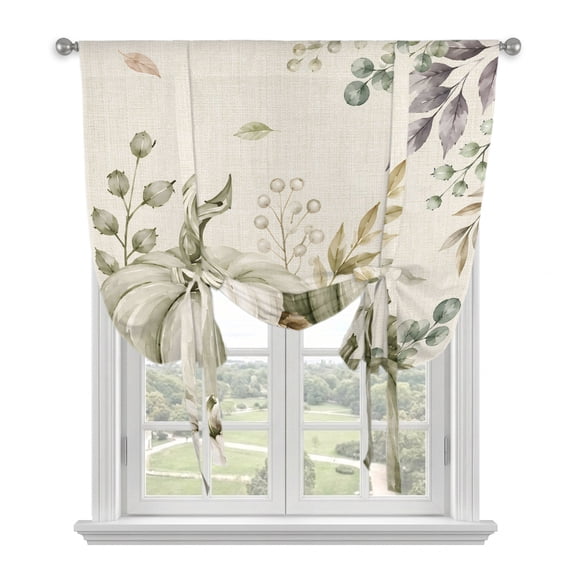 Sage Green Pumpkins Tie Up Curtains for Kitchen Windows,Adjustable Rod Pocket Valance 45 Inch Short, Fall Thanksgiving Rustic Autumn Window Treatment Balloon Roman Blind Shade, 42" x 45"