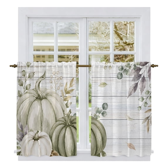 Sage Green Pumpkins Tier Curtains 54 Inch Length, Fall Thanksgiving Autumn Wood Grain Cafe Short Curtains for Bathroom Over Sink, Small Kitchen Curtain Light Filtering Drapes 2 Panels 27.5"Wx54"L