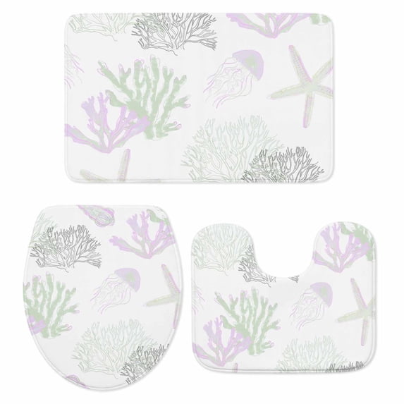 Sage Green Purple Coral Coastal Bath Mat 3 Piece Bathroom Rug Set, Nautical Starfish Beach Non Slip Bath Rug Contour Mat and Toilet Lid Cover, Absorbent Shower Mats Soft Bath Rugs and Mats Sets