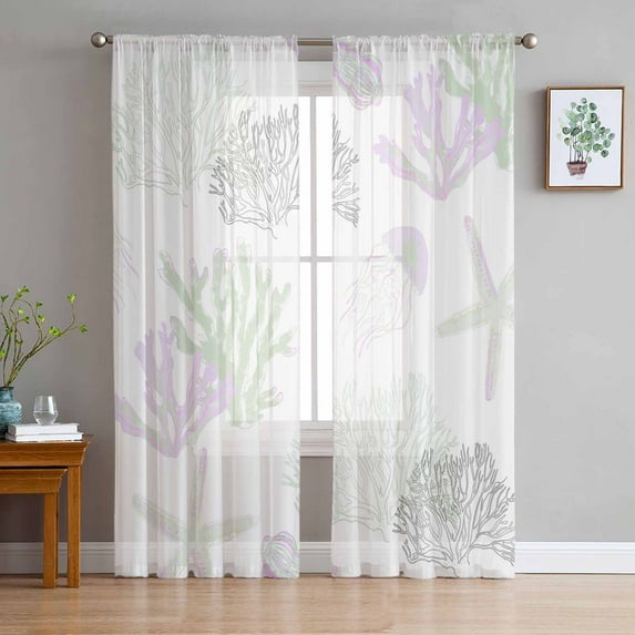 Sage Green Purple Coral Coastal Sheer Curtains 96 Inches Long 2 Panels Set, Window Sheer Curtains for Living Room/Bedroom, Nautical Starfish Beach Light Filtering Rod Pocket Curtain 52'' x 96'' x 2