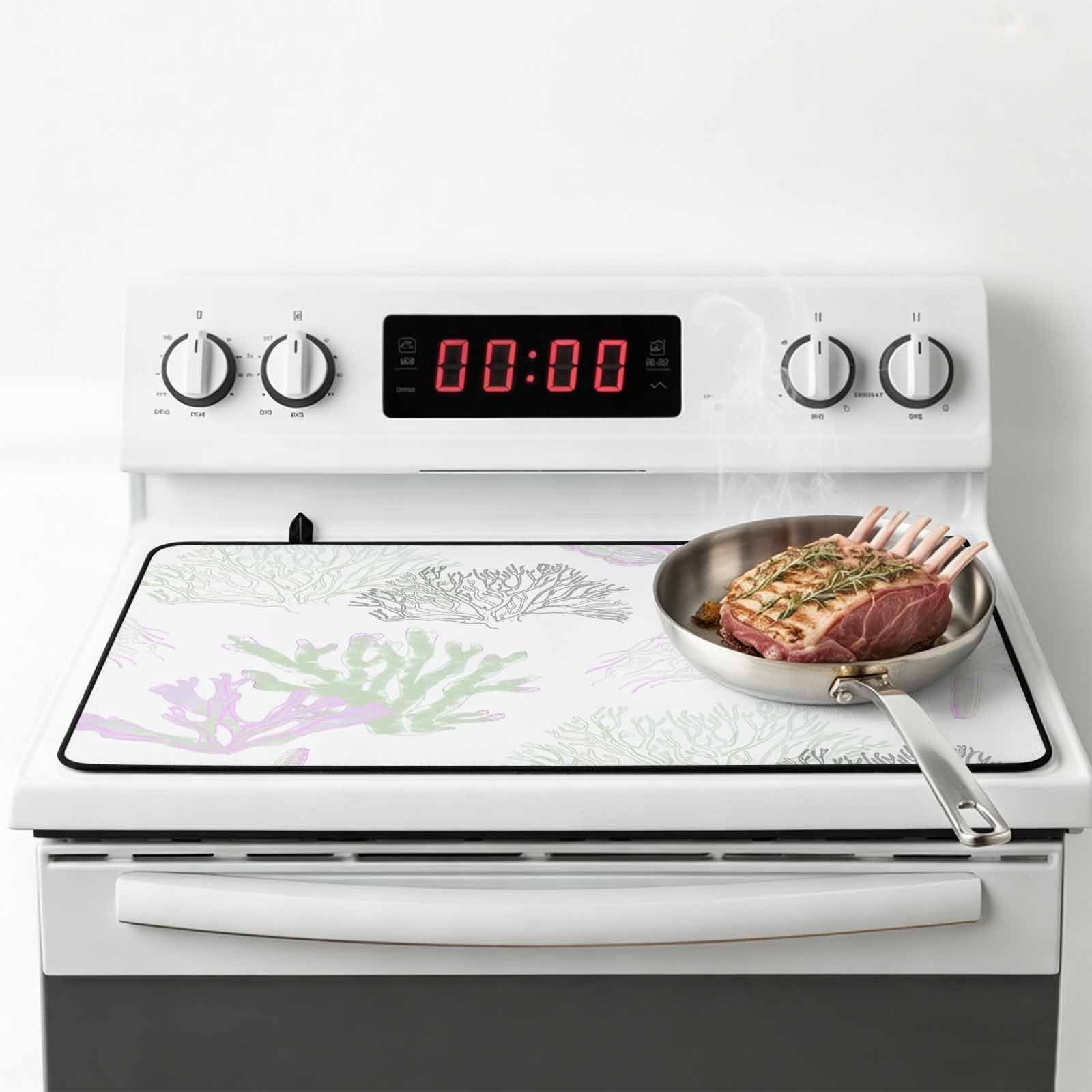 Sage Green Purple Coral Coastal Stove Top Cover for Electric Stove, Heat-proof & Non Slip Glass Top Stove Cover Protector, Nautical Starfish Beach Kitchen Flat Cooktop Rubber Mat 31x24 Inches
