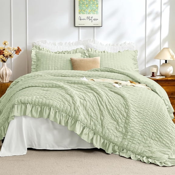 Sage Green Queen Comforter Set, 3 Pieces Seersucker Comforters Queen Size, Lightweight & Fluffy Bedding Sets Queen for All Season with 1 Ruffle Comforter and 2 Ruffle Pillowshams