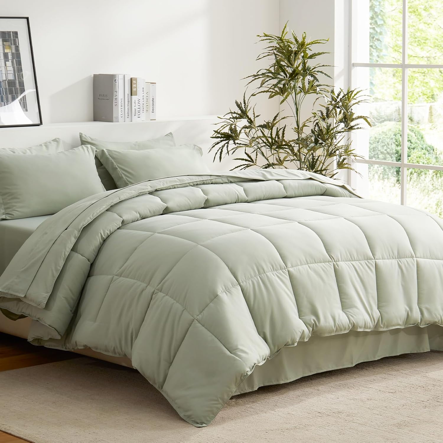 Sage Green Queen Reversible Microfiber Bed in a Bag Set