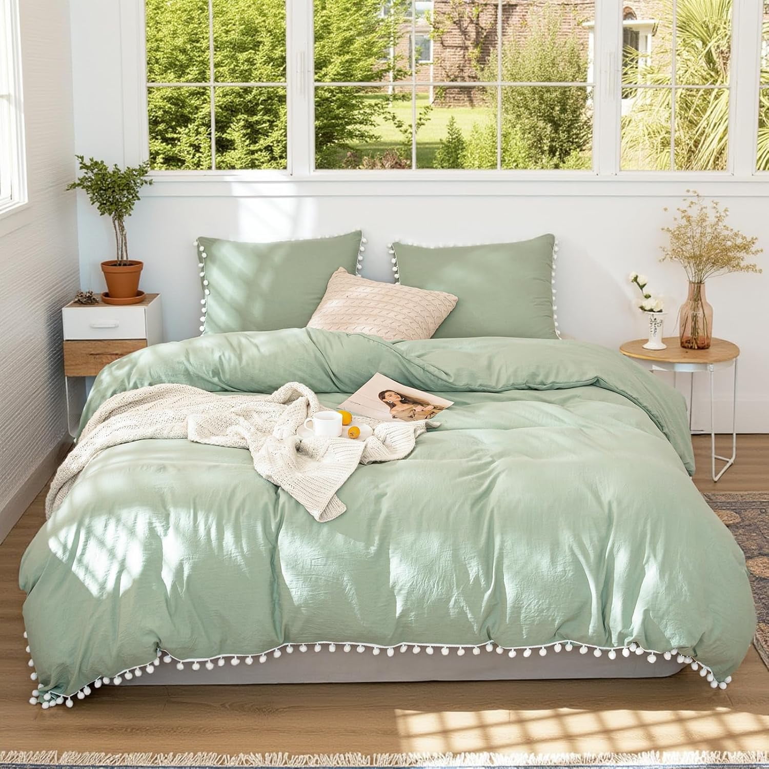 Sage Green Queen Comforter Set Pom Pom Comforter 3 Pieces Farmhouse ...