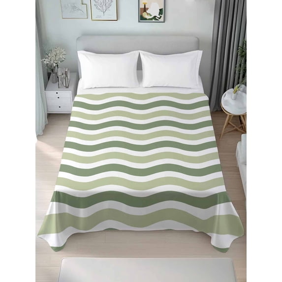 Sage Green Queen Size Flat Sheet, Wrinkleproof & Fadeproof Cooling Flat Bed Sheet Only, Abstract Geometric Ocean Wave Stripe Breathable Soft Bedding Top Sheets 90 x 102 Inches