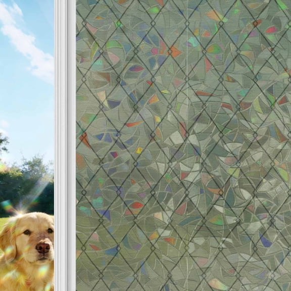 Sage Green Quilted Lines Rainbow Window Privacy Film, Minimalist Rhombus Pattern Diamond Grid Stained Glass Window Film, Sun Blocking Glass Clings Non Adhesive Door Stickers 17.7 x 39.3 Inches