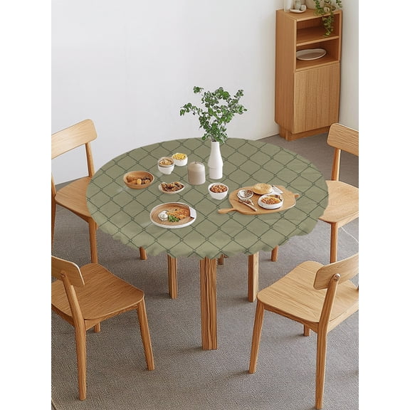 Sage Green Quilted Lines Round Fitted Tablecloth with Elastic Edge, Minimalist Rhombus Pattern Diamond Grid Waterproof Stretch Table Covers for 45"-54" Tables Wipeable Table Cloth for Outdoor