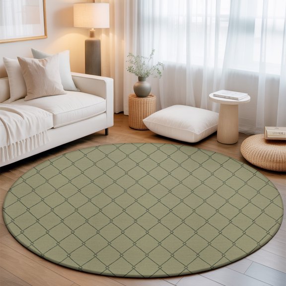 Sage Green Quilted Lines Round Living Room Rugs 6 ft, Minimalist Rhombus Pattern Diamond Grid Washable Area Rug with Non-Slip Sturdy Edge Binding Round Carpet for Kitchen Office Bedroom