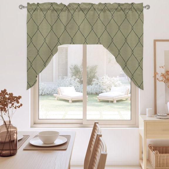 Sage Green Quilted Lines Swag Valance for Windows, Minimalist Rhombus Pattern Diamond Grid Swag Curtains Valances for Small Window Treatment Rod Pocket for Kitchen Bathroom 1 Panel 56x36in