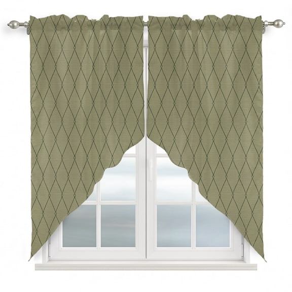 Sage Green Quilted Lines Swag Valances for Windows 2 Pack Minimalist Rhombus Pattern Diamond Grid Swag Kitchen Curtains 36 Inches Long Rod Pocket Short Window Treatment for Kitchen Bathroom 28"x36"