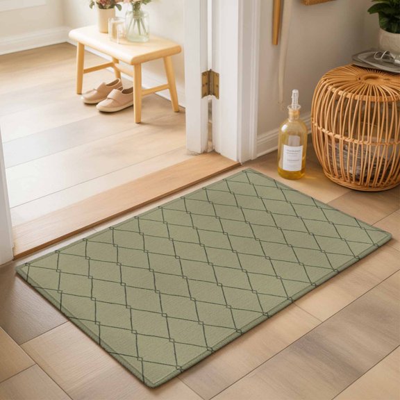 Sage Green Quilted Lines Washable Small Entryway Area Rugs 2'x3', Minimalist Rhombus Pattern Diamond Grid Washable Throw Rug Non-Slip Sturdy Edge Binding Carpet for Front Door Floor Room Entry