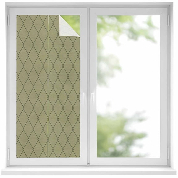 Sage Green Quilted Lines Window Privacy Film Minimalist Rhombus Pattern Diamond Grid Decorative Glass Window Film UV Blocking Static Cling Sticker Covering for Home Door 19.6 x 39.3 inches