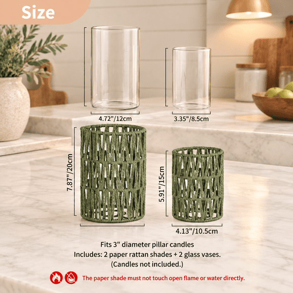 Sage Green Rattan Hurricane Candle Holders Set of 2 Boho Lanterns