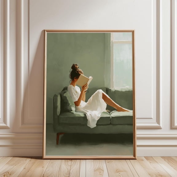Sage Green Reading Woman Print, Library, Minimalist Decor, Dopamine Decor, Reading Decor, Book Prints, Bookish Wall Art